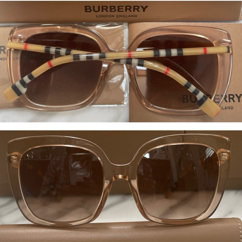 BURBERRY PEACH TRANSPARENT FRAMES WITH ICONIC VINTAGE CHECK MONOGRAM PATTERN ARM